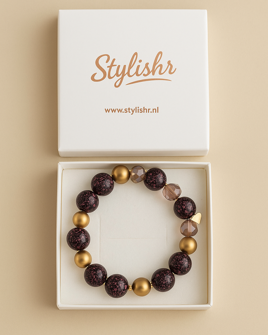 Roze-Zwart-Gouden Armband met Resin & Kristal