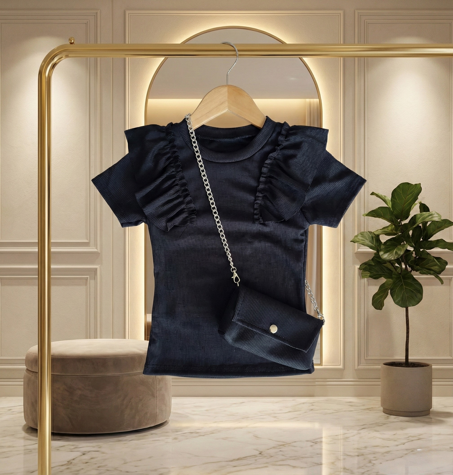 T-shirt met Ruffles & Schoudertasje zwart