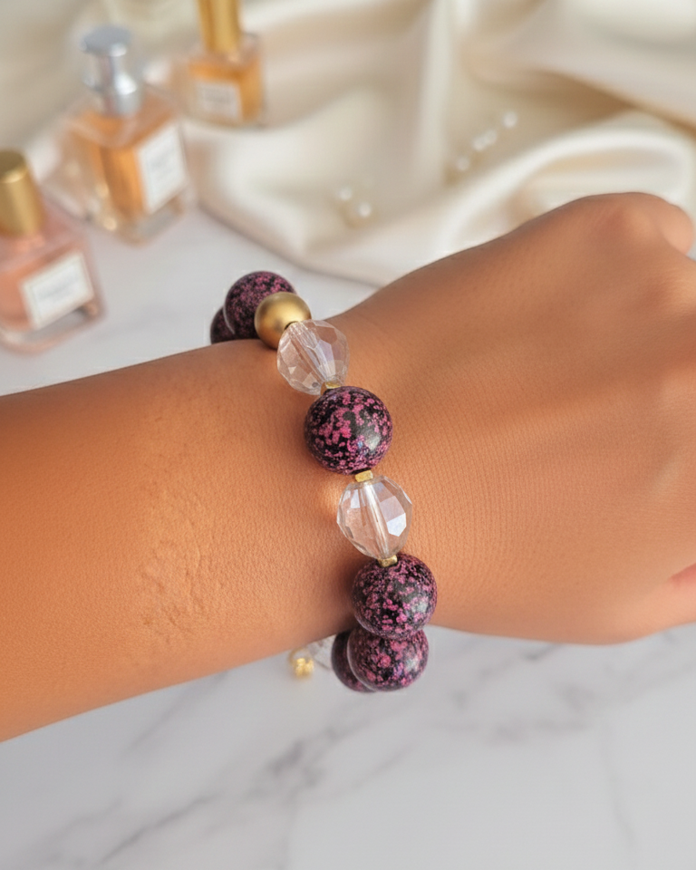 Roze-Zwart-Gouden Armband met Resin & Kristal