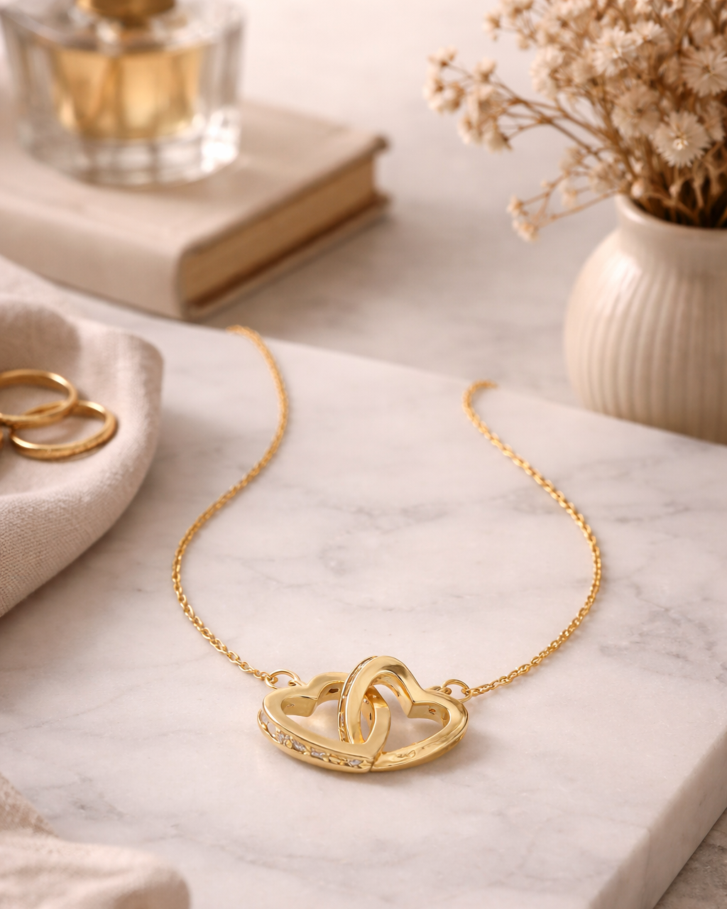 Gouden Ketting Dubbele Hartjes met Zirkonia