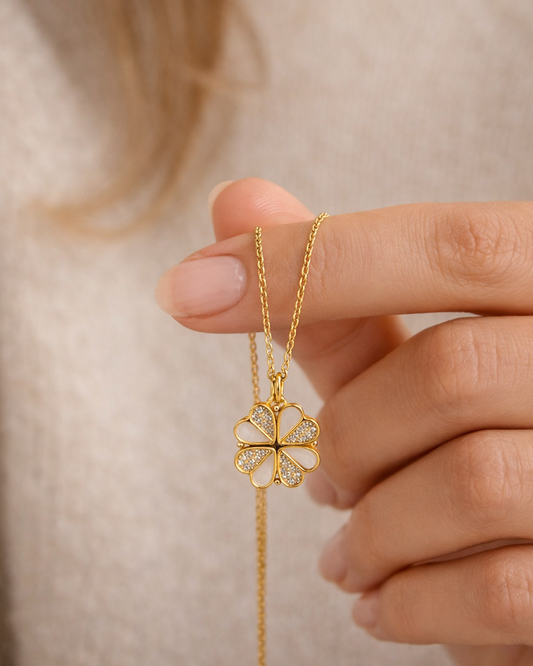 Gouden Ketting Klaver met Parelmoer en Zirkonia
