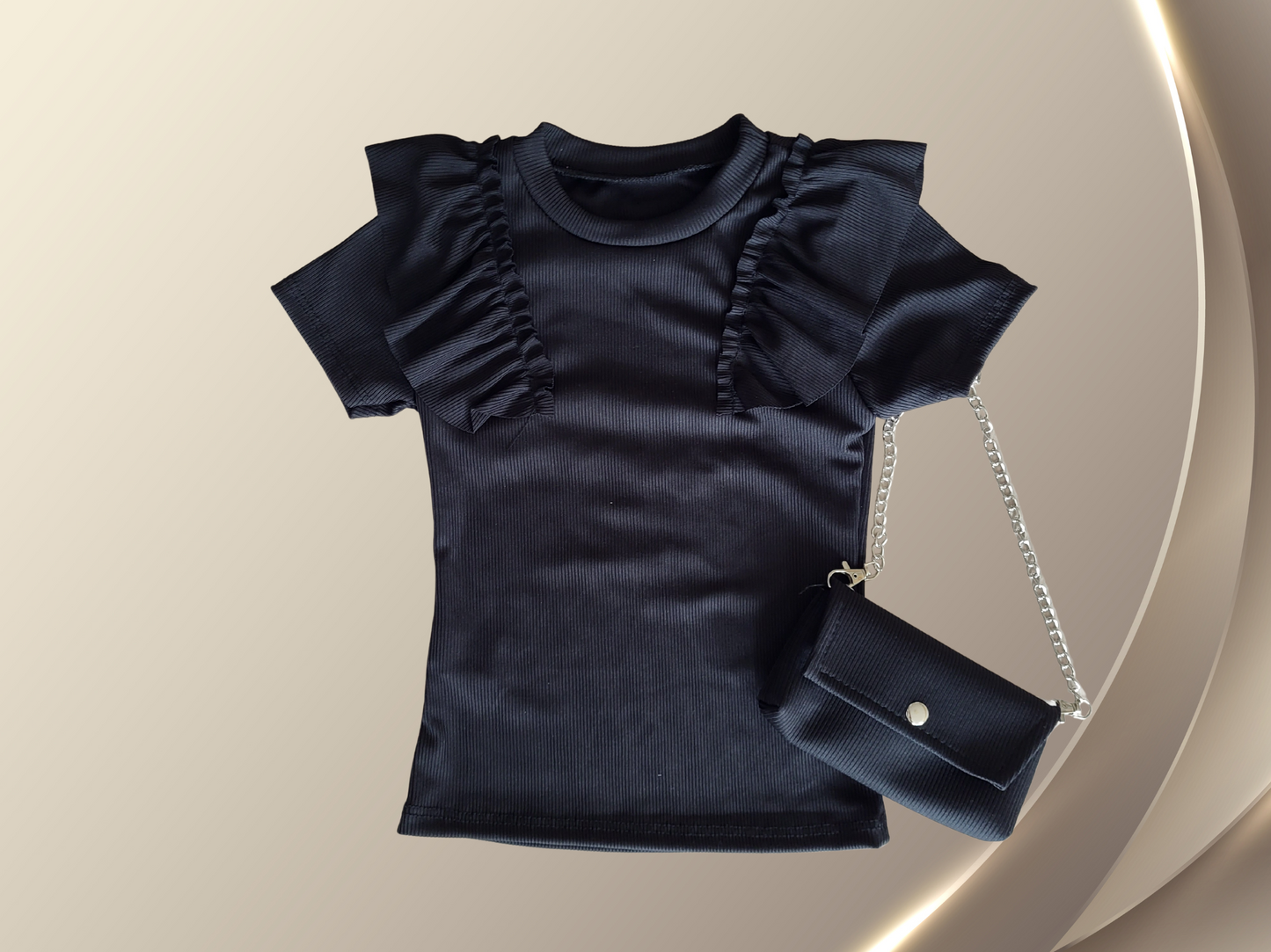 T-shirt met Ruffles & Schoudertasje zwart