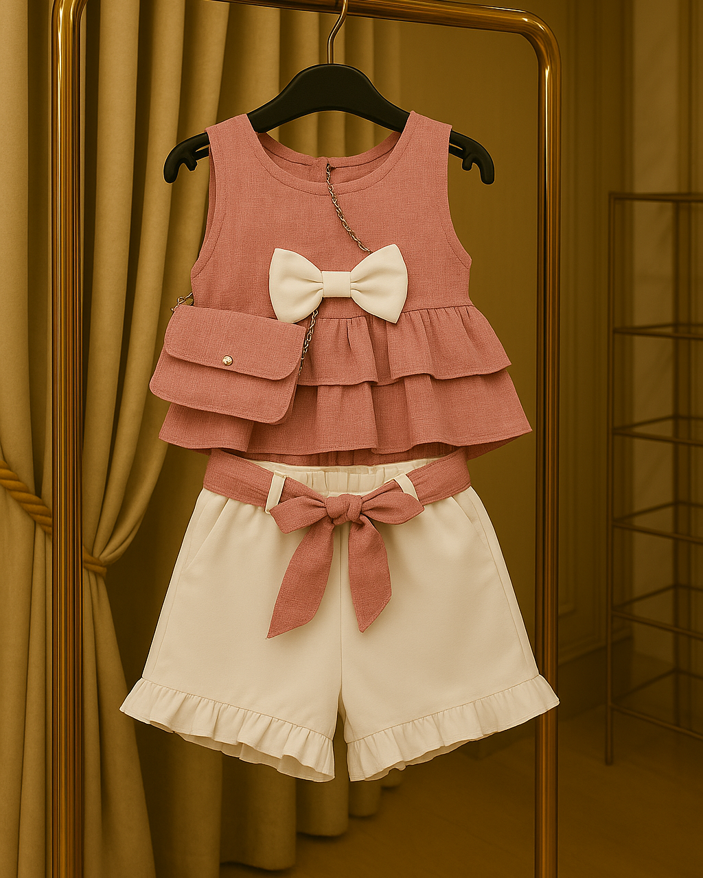 Meisjesset 3 pcs Oudroze Top, Witte Short met Strik en tasje