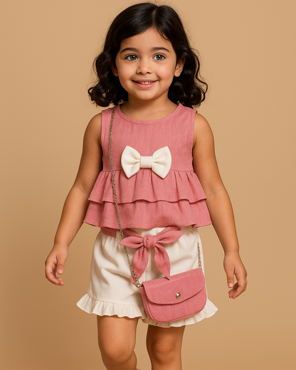 Meisjesset 3 pcs Oudroze Top, Witte Short met Strik en tasje