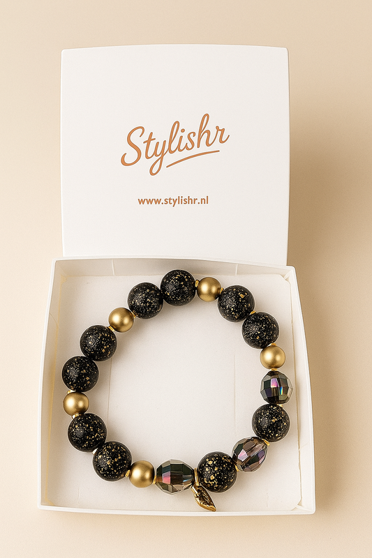 Zwart-Gouden Armband met Resin & Kristal