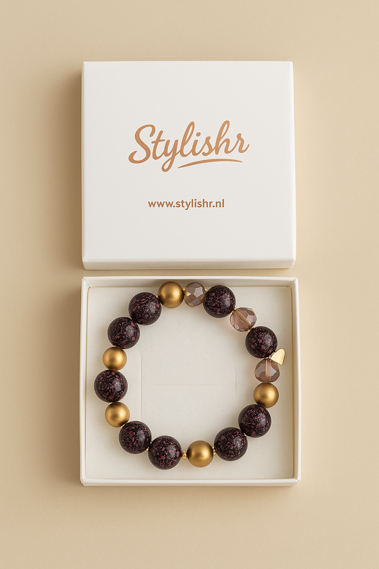 Roze-Zwart-Gouden Armband met Resin & Kristal