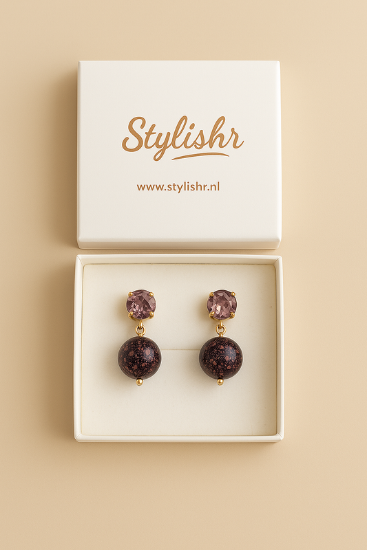 Roze-Zwart Oorbellen met Resin Kraal & Kristal