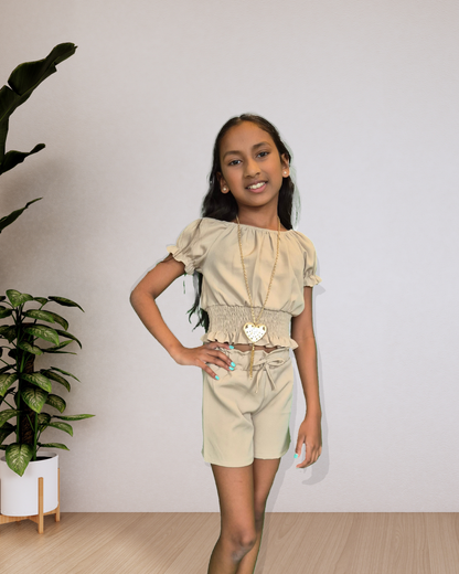 Beige Meisjes Set 3 pcs met Gouden Hart Ketting