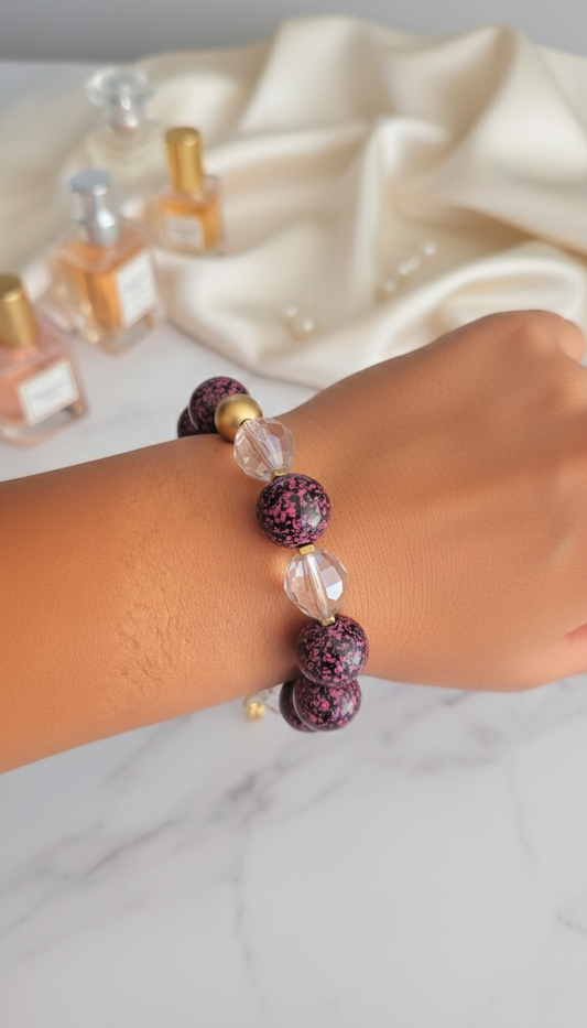 Roze-Zwart-Gouden Armband met Resin & Kristal