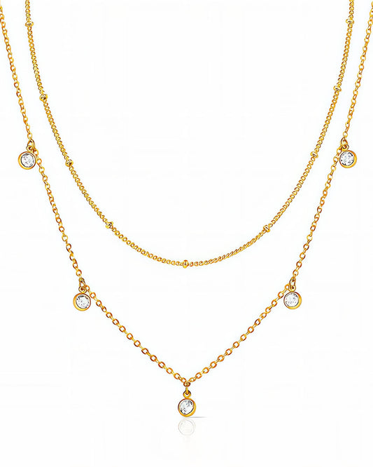 Gouden Layered Ketting met Zirkonia