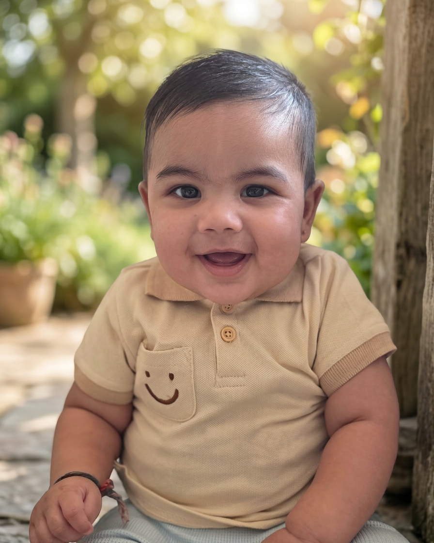 Lachende baby in een beige poloshirt met een smiley op het borstzakje zit buiten op een houten ondergrond, met groen in de achtergrond.