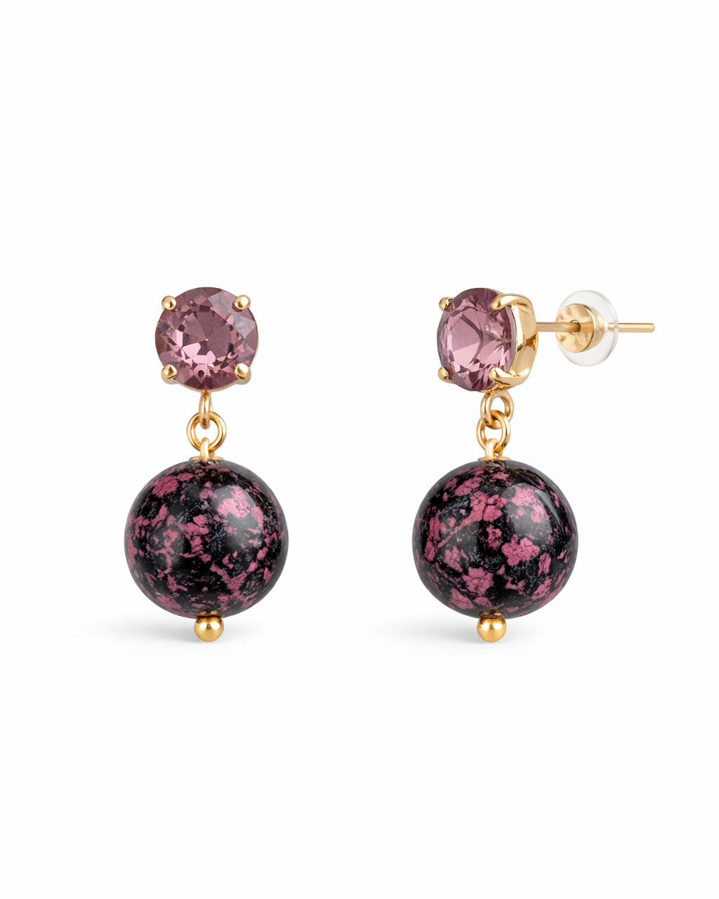 Roze-Zwart Oorbellen met Resin Kraal & Kristal