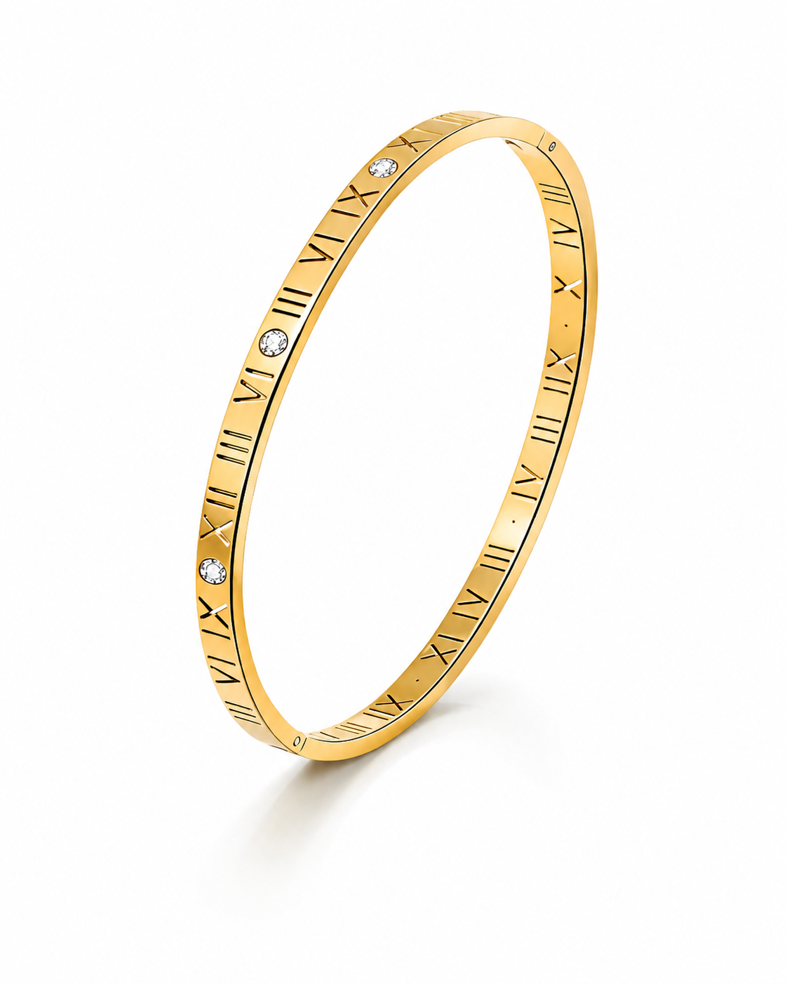 Goudkleurige armband met Romeinse cijfers en vier zirkonia stenen.