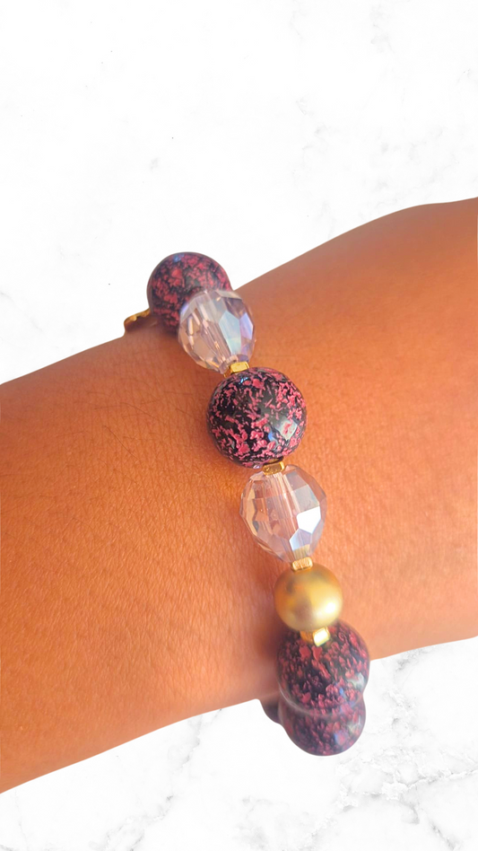 Roze-Zwart-Gouden Armband met Resin & Kristal