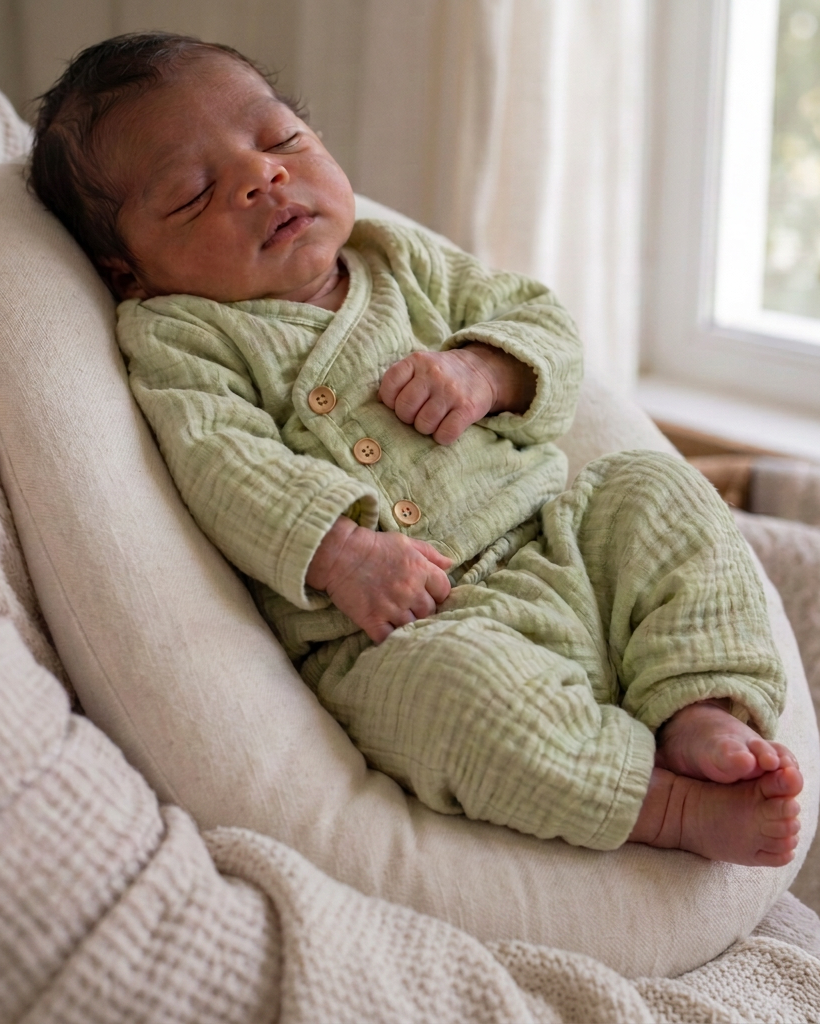 Slapende baby groen hydrofiel pakje