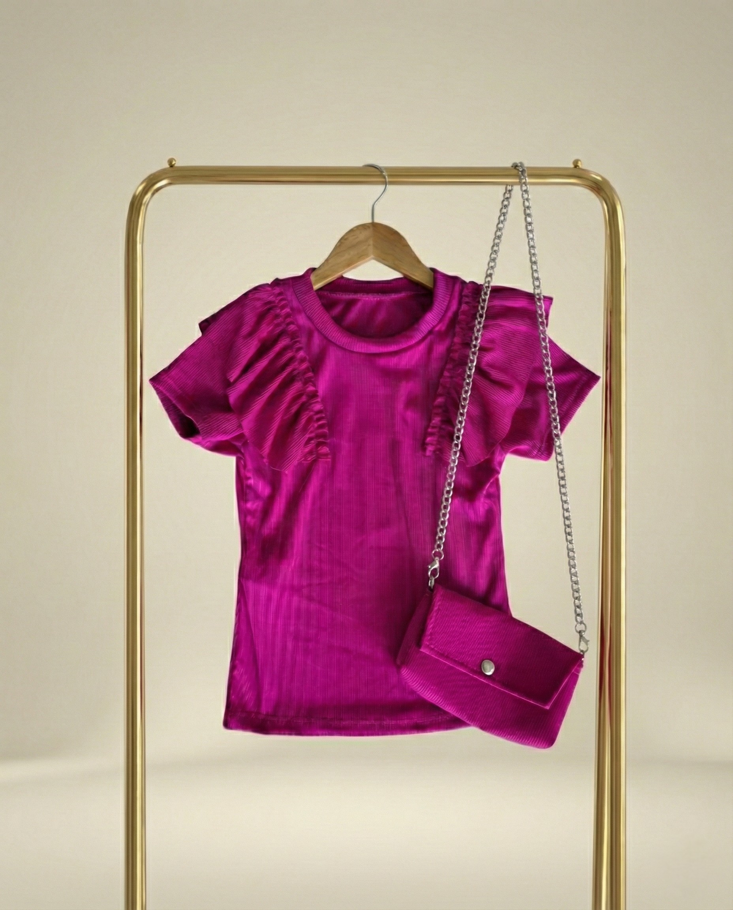 T-shirt met Ruffles & Schoudertasje Roze