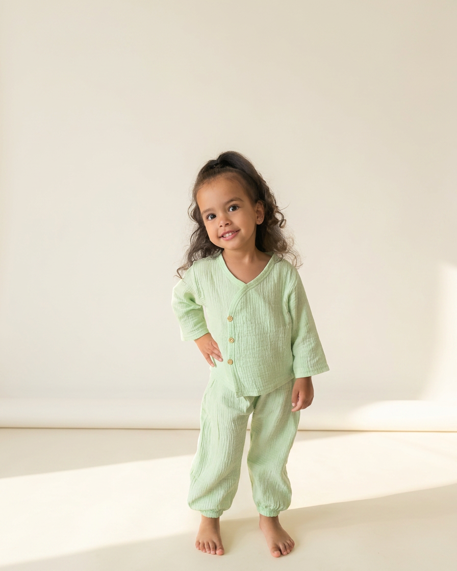 Meisje draagt een zachtgroen mousseline kimono-topje met bijpassende broek uit de zomercollectie, gefotografeerd tegen een neutrale studio-achtergrond – luchtige biologisch katoenen kinderkleding.