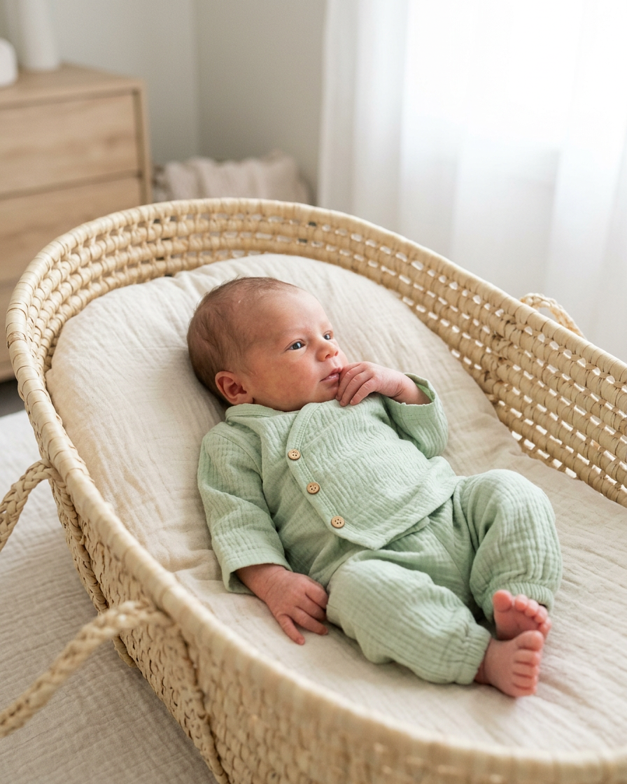 Pasgeboren baby ligt zachtjes wakker in een licht rieten mandje met crème linnen doek, gekleed in een zachtgroen mousseline kimono-setje van biologisch katoen – newborn zomercollectie babykleding.