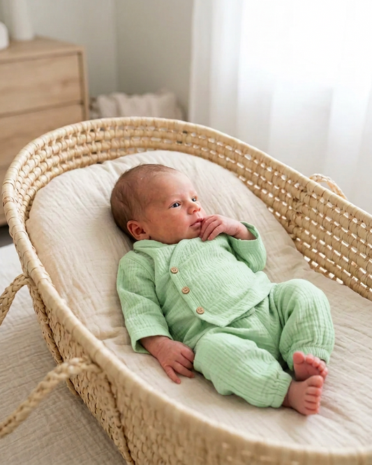 Pasgeboren baby in een lichtgroen gebreid pakje, liggend in een rieten wiegje met een crèmekleurig matrasje, in een lichte babykamer.