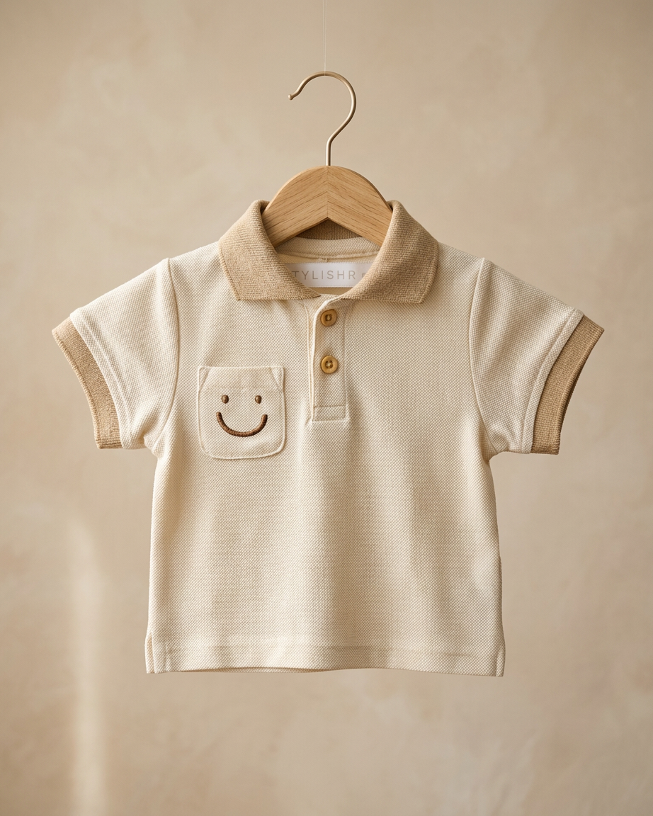Beige baby polo met kraag, houten knoopjes en smiley borstzak op kledinghanger