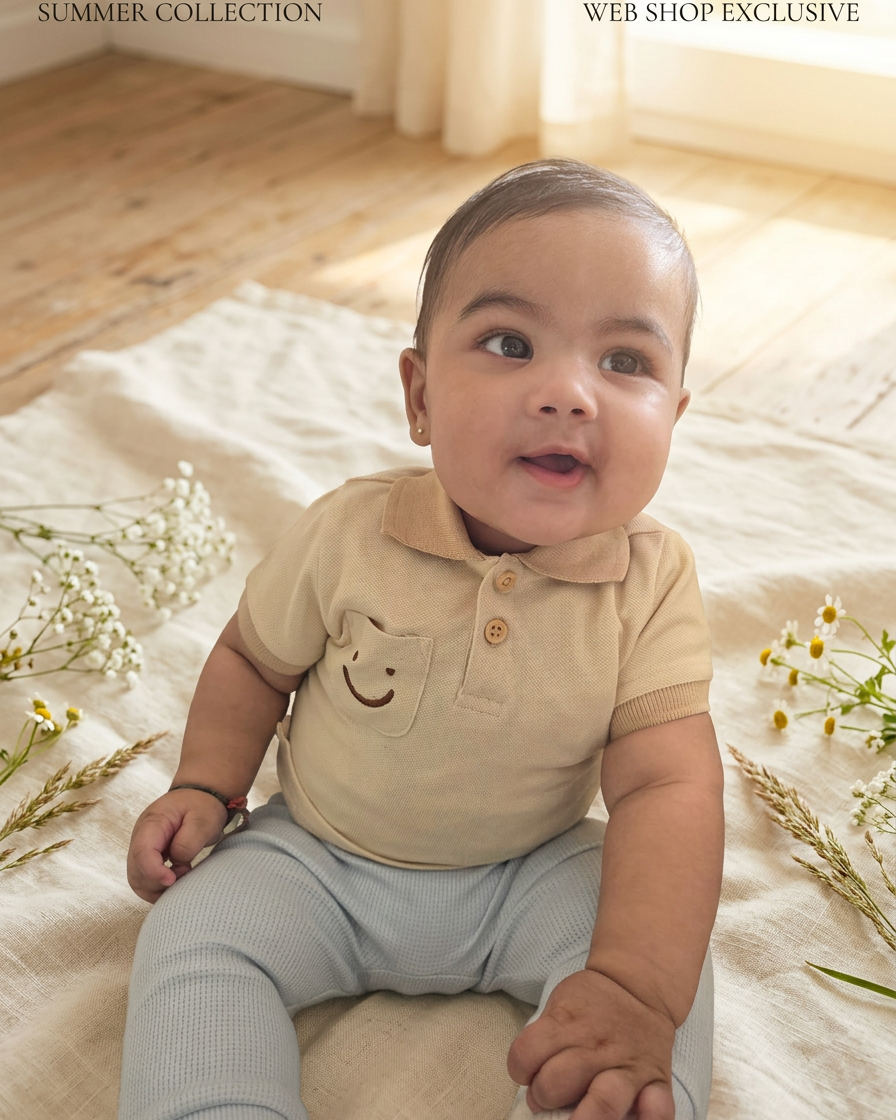 Baby zit op een lichte deken in een beige poloshirt en lichtblauwe broek, omringd door zachte bloemen in een warme, zonnige kamer.