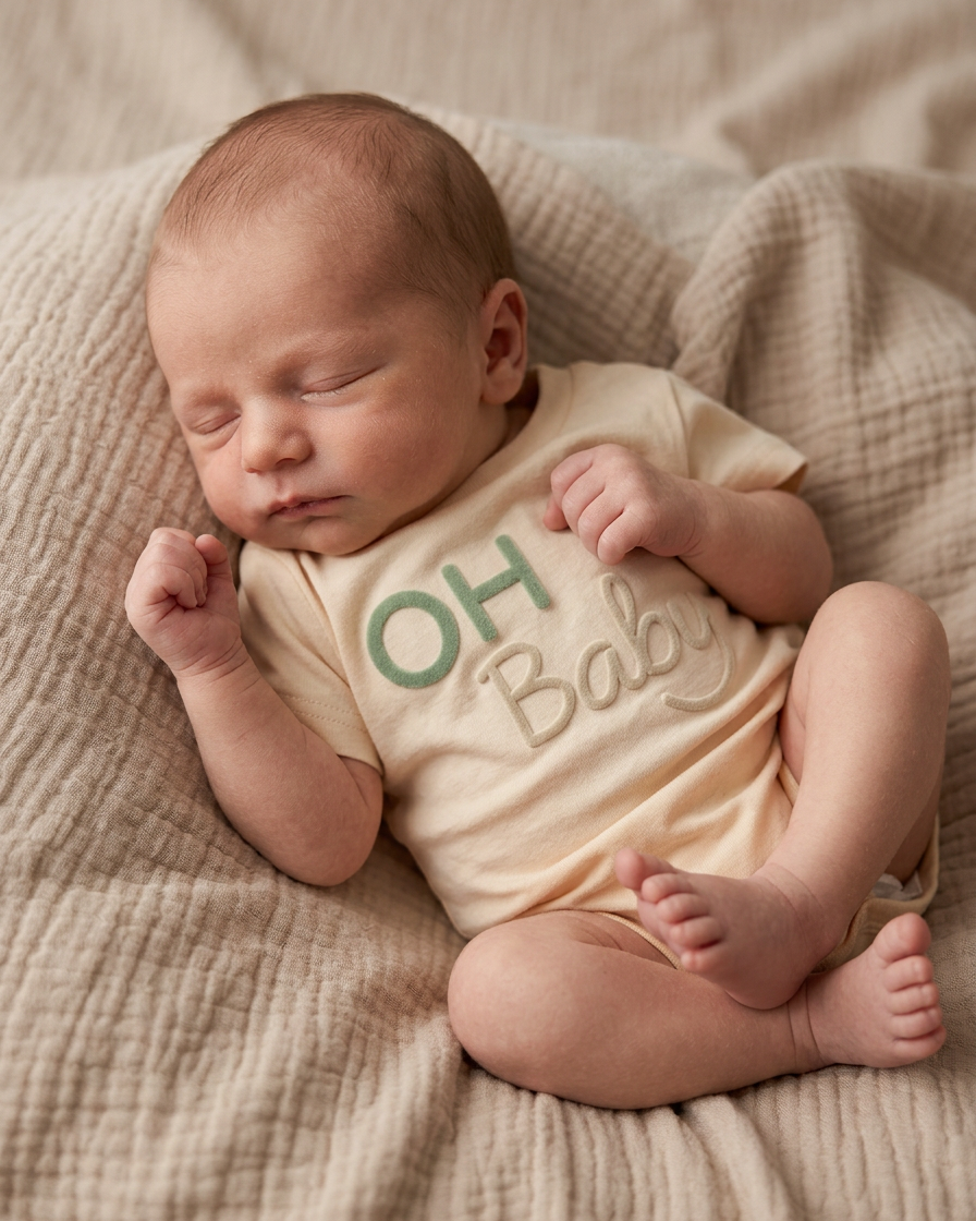 Slapende newborn baby in zacht beige OH Baby shirtje op naturel katoenen doek
