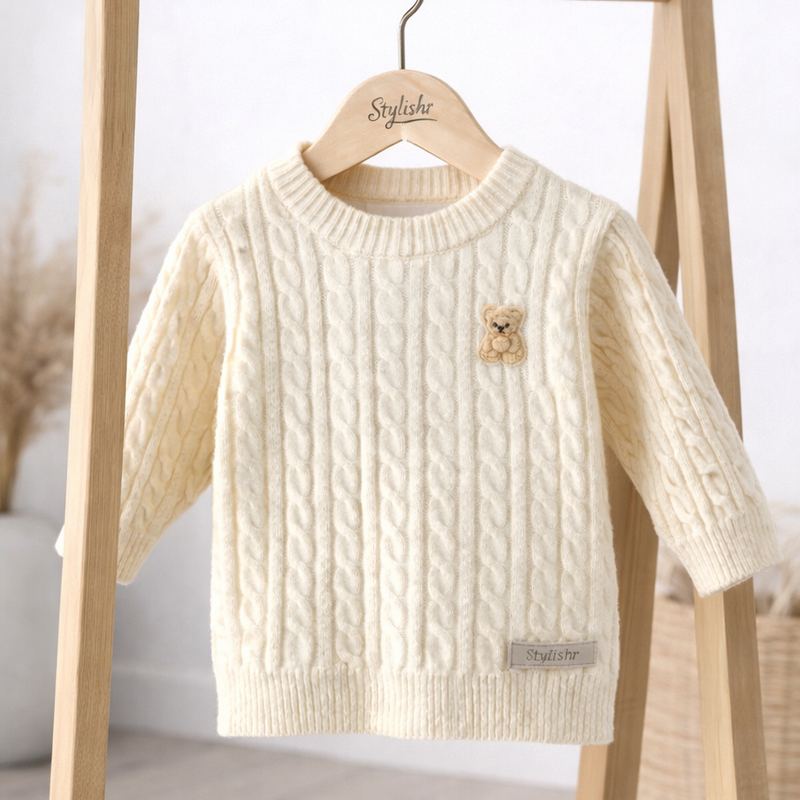 Gebreide babytrui met teddy op een Stylishr-hanger